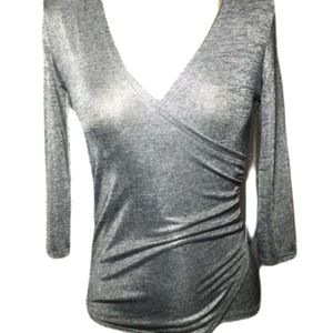 (Petite XS) Gray Silver Faux Wrap Top